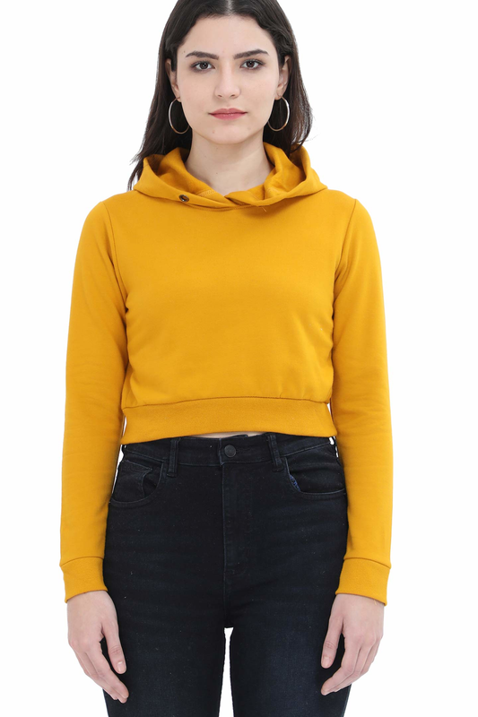 Mustard Solid Cropped Hoodie