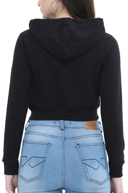Girl Power Black Cropped Hoodie Plain Back with Full Sleeves