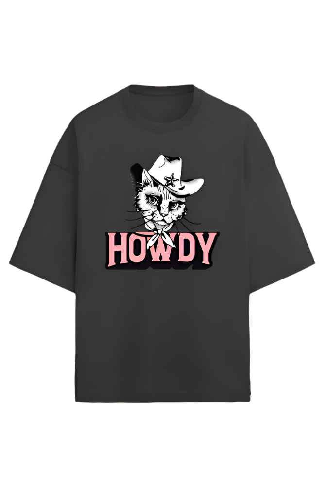 Howdy Oversized black t-shirt with cat wearing ow boy hat