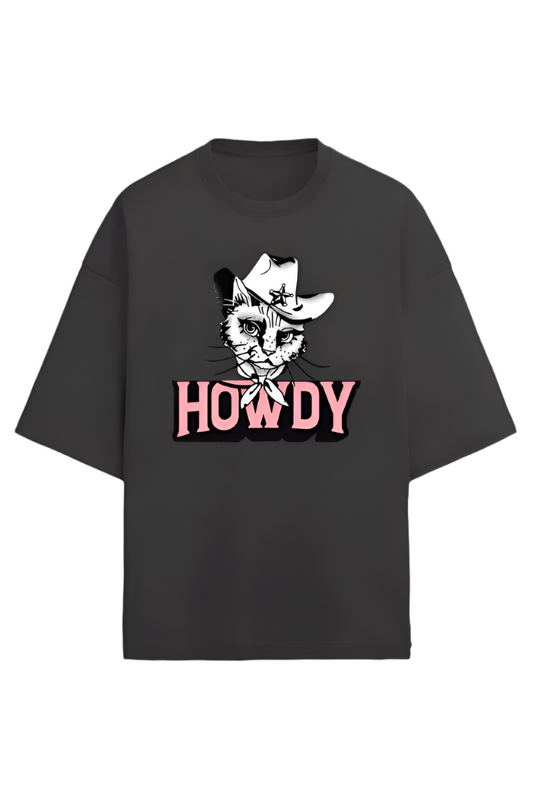 Howdy Oversized black t-shirt with cat wearing ow boy hat